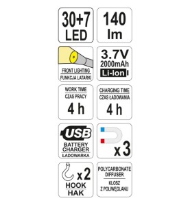 YATO YT-08507 Επαναφορτιζόμενος Φακός LED 30+7 με Φωτεινότητα 140lm