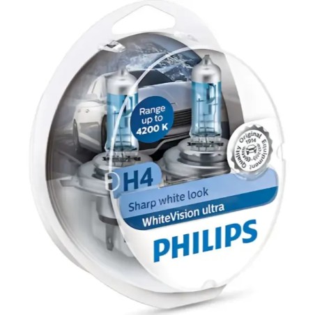 PHILIPS Λάμπες Σετ H4 WhiteVision Ultra (Sharp White Look) 12V 60/55W 12342WVUSM (2 τεμ)