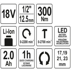 YATO YT-82804 Κρουστικό Μπουλονόκλειδο 1/2″ 18V (Με Μπαταρία)