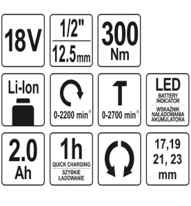YATO YT-82804 Κρουστικό Μπουλονόκλειδο 1/2″ 18V (Με Μπαταρία)