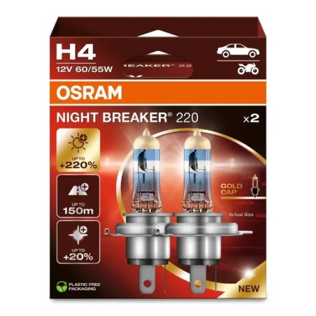OSRAM Λάμπα H4 Night Braker 220 +220%12V 60/55w 64193NB2202HB (2 τεμ)